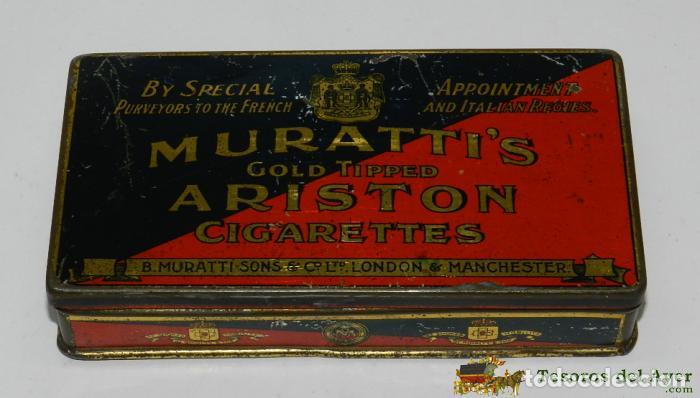 Casse e cassette metalliche: ANTIGUA CAJA DE HOJALATA LITOGRAFIADA CON PUBLICIDAD DE MURATTIS, CIGARRILLOS, MIDE 14 X 7,5 X 3 CMS