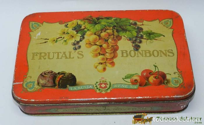 Casse e cassette metalliche: ANTIGUA CAJA CON PUBLICIDAD DE LA SUIZA RE&Ntilde;E S.A. BARCELONA - CAJA METALICA FRUTALS BONBONS - MEDIDA