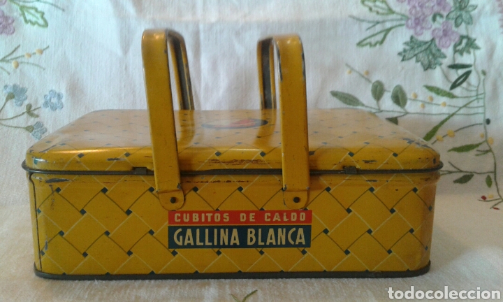 Bo&icirc;tes et petites bo&icirc;tes m&eacute;talliques: Antigua caja asas cesta cubitos caldo Gallina Blanca