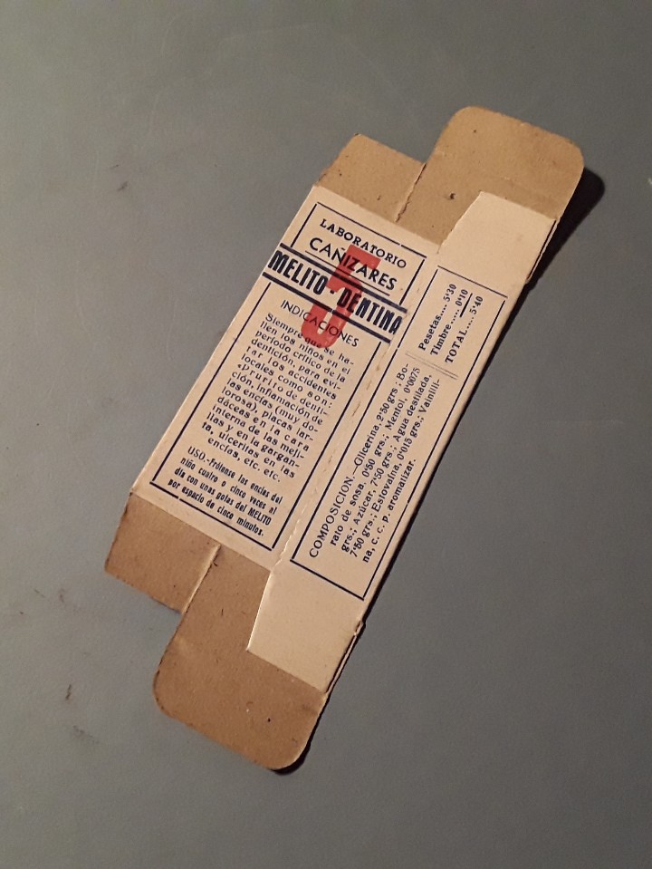 Cajas y cajitas met&aacute;licas: caja de farmacia: melito-dentina, laboratorio ca&ntilde;izares -caja desplegada, sin usar (8,5x5,5cm aprox)