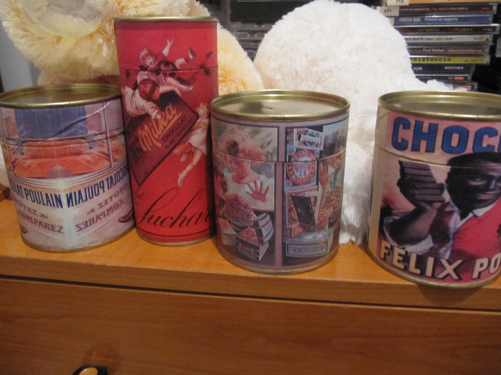 Boxes and metal boxes: LOTE 4 LATAS PUBLICIDAD CHOCOLATES..GALLETAS.. FELIX POTIN.. POULAIN.. MILKA..LU..