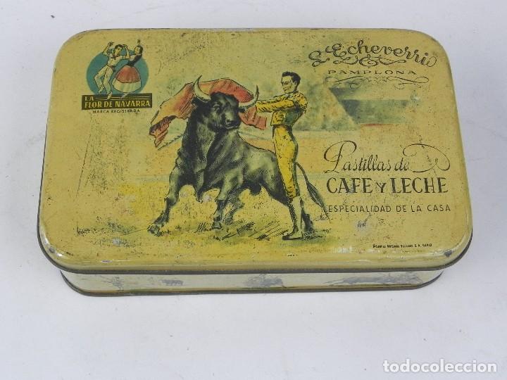 Boxes and metal boxes: CAJA DE HOJALATA DE PUBLICIDAD DE PASTILLAS DE CAF&Eacute; Y LECHE - L. ECHEVERRI , PAMPLONA - LA FLOR DE N