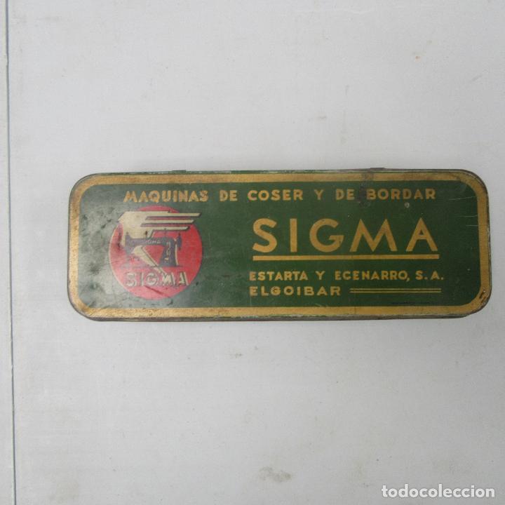 Cajas y cajitas met&aacute;licas: antigua y bonita lata publicidad herramientas sigma, maquina coser
