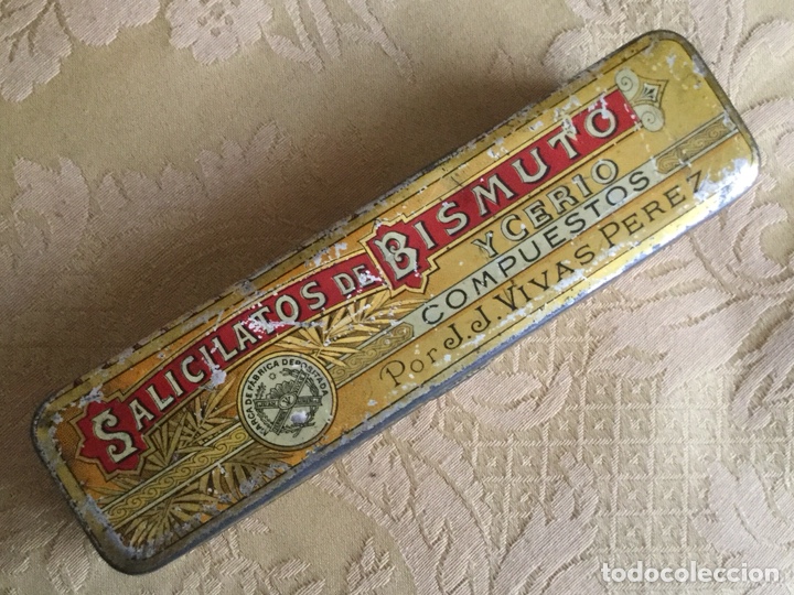 Cajas y cajitas met&aacute;licas: ANTIGUA CAJA DE METAL SERIGRAFIADO DE SALUCILATOS DE BISMUTO