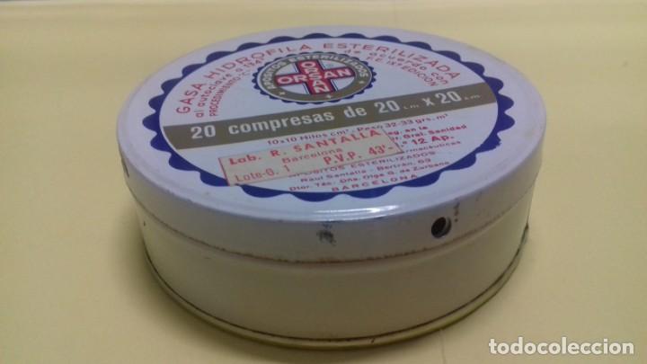 Cajas y cajitas met&aacute;licas: Antigua caja lata ORSAN Gasa Hidr&oacute;fila Esterilizada 20 compresas. Lab. R. Santalla. Precio: 43 ptas.