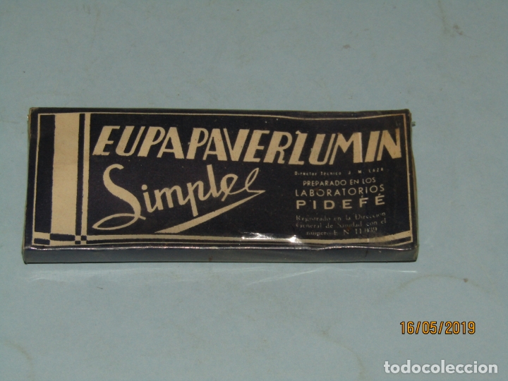 Bo&icirc;tes et petites bo&icirc;tes m&eacute;talliques: Antigua Caja de Farmacia Medicina 10 Comprimidos EUPAVERLUMIN SIMPLES de Lab. PIDEFE