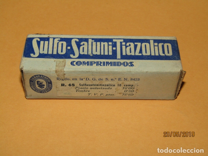 Boxes and metal boxes: Antigua Caja de Farmacia Medicina Tubo Comprimidos SULFO-SATUNI-TIAZ&Oacute;LICO de Laboratorio FABREGAT