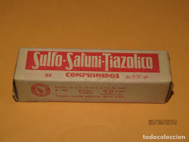 Caixas e caixinhas met&aacute;licas: Antigua Caja de Farmacia Medicina Tubo 20 Tabletas SULFO-SATUNI-TIAZOLICO de Laboratorio FABREGAT
