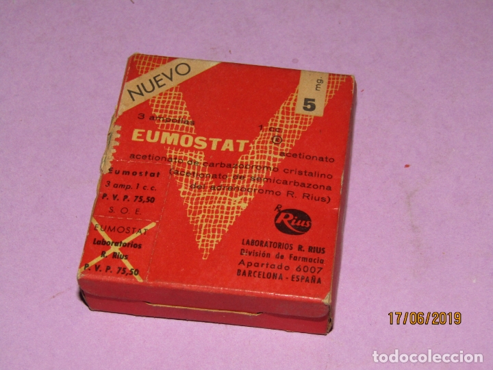 Blechdosen und Kisten: Antigua Caja de Farmacia Medicina con 3 Ampollas EUMOSTAT de Laboratorios RIUS