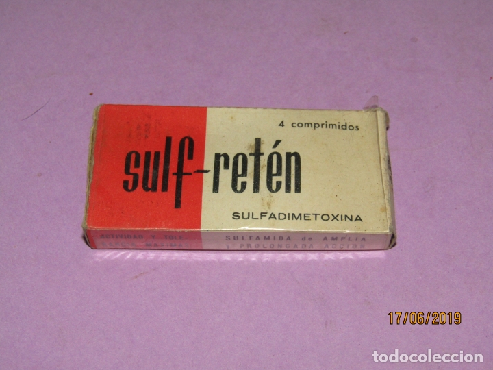 Blechdosen und Kisten: Antigua Caja de Farmacia Medicina con 3 Comprimidos SULF-RET&Eacute;N de Laboratorio PONS