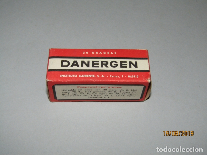 Blechdosen und Kisten: Antigua Caja Farmacia Medicina con Frasco 20 Grageas de DANERGEN de Instituto LLORENTE