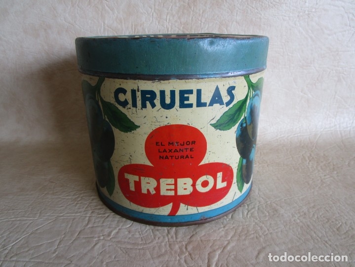 Cajas y cajitas met&aacute;licas: ANTIGUO BOTE LATA CIRUELAS TREBOL BARCELONA 19 CM X 17