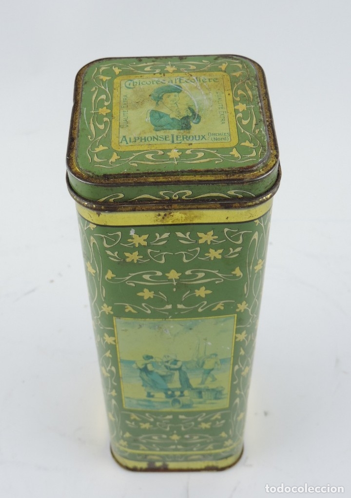 Casse e cassette metalliche: CAJA DE HOJALATA LITOGRAFIADA CON PUBLICIDAD DE CHICOR&Eacute;E A L&acute;ECOLI&Eacute;RE, ALPHONSE LEROUX, ORCHIES, FRA