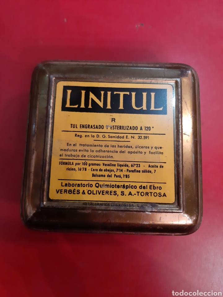 Bo&icirc;tes et petites bo&icirc;tes m&eacute;talliques: Caja metal medicamento Linitul Laboratorios Verg&eacute;s Oliveres Tortosa