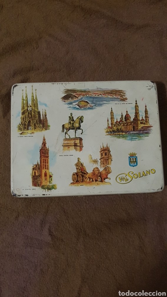 Casse e cassette metalliche: CAJA LATA VIUDA DE SOLANO CON MONUMENTOS DE CAPITALES LOGRO&Ntilde;O