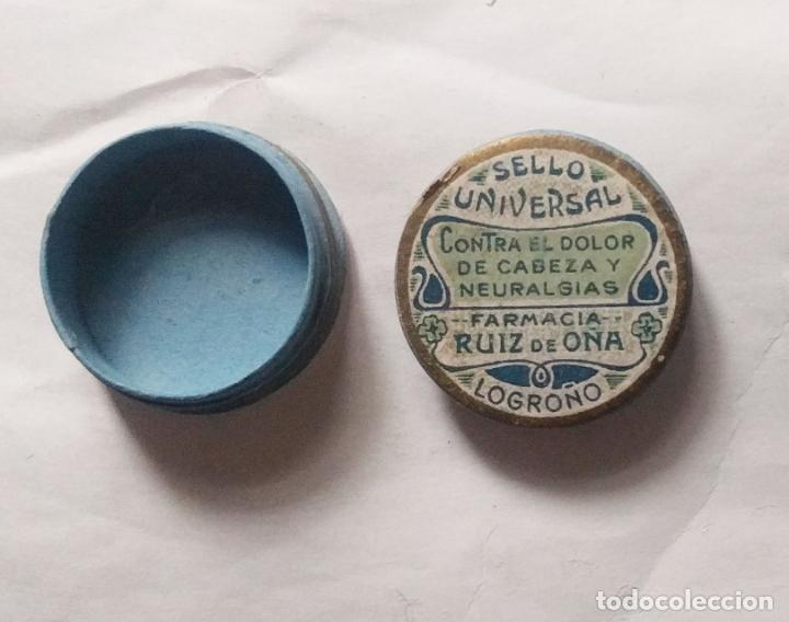 Blechdosen und Kisten: Farmacia Ruiz de O&ntilde;a.- Sello UNIVERSAL. Neuralgias, dolor cabeza, Logro&ntilde;o- 2,6 cms. . Vell i Bell