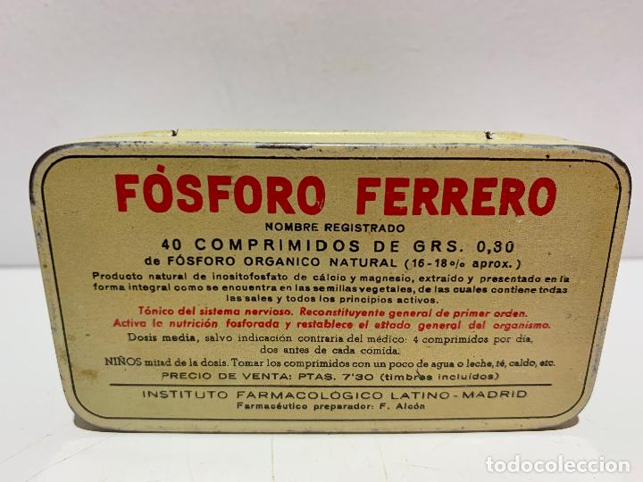 Bo&icirc;tes et petites bo&icirc;tes m&eacute;talliques: ANTIGUA CAJA CHAPA METAL FARMACIA - FOSFORO FERRERO -