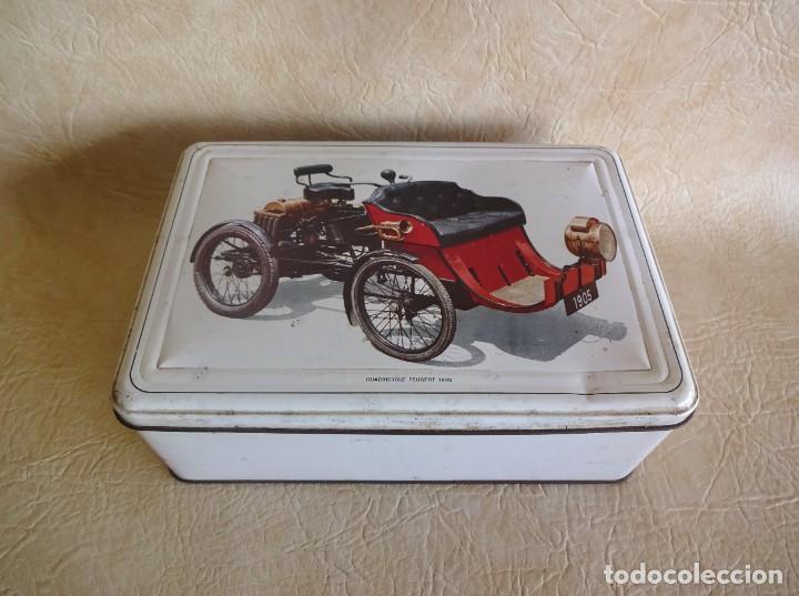 Boxes and metal boxes: antigua caja metalica con coche quadricycle peugeot 1905 27 cm x 18 cm x 9,5 cm
