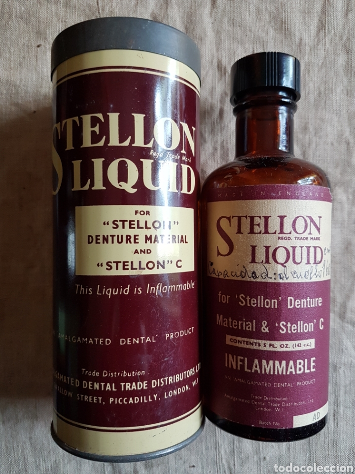 Cajas y cajitas met&aacute;licas: Antigua lata y botella Amalgama dental stellon liquid England