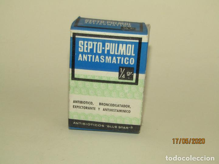Cajas y cajitas met&aacute;licas: Antigua Caja de Farmacia Medicina de Antibi&oacute;tico Expectorante SEPTO PULMOL 1/4 gr. de Lab. HOSBON