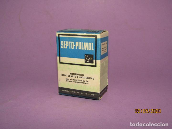 Cajas y cajitas met&aacute;licas: Antigua Caja de Farmacia Medicina de Antibi&oacute;tico Expectorante SEPTO PULMOL 1/2 gr. de Lab. HOSBON