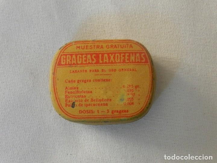 Casse e cassette metalliche: CAJA DE HOJALATA LITOGRAFIADA DE GRAGEAS LAXOFENAS *LABORATORIOS JUAN MARTIN, S.A. MADRID*, MIDE 4 X