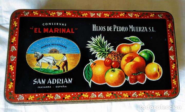 Cajas y cajitas met&aacute;licas: Caja met&aacute;lica Conservas El Marinal. Frutas cristalizadas. Hijos de Pedro Muerza. Navarra.