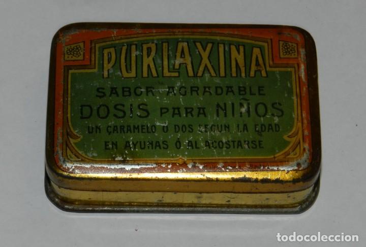 Casse e cassette metalliche: Caja de hojalata litografia con publicidad de Purlaxina, sabor agradable dosis para ni&ntilde;os. Mide 8 x