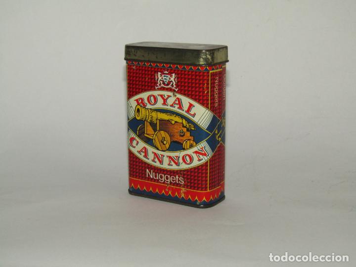 Cajas y cajitas met&aacute;licas: Antigua Caja en Hojalata Litografiada de Golden Nuggets Pepitas de Oro Tabaco ROYAL CANNON