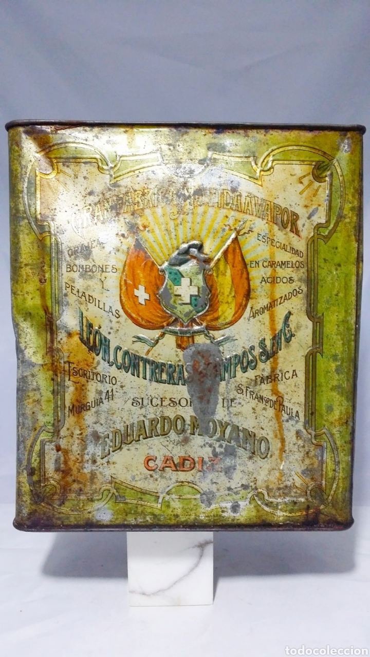 Casse e cassette metalliche: BONITA E IN&Eacute;DITA LATA FIN SIGLO XIX - INICIOS SIGLO XX. LE&Oacute;N, CONTRERAS Y CAMPOS. C&Aacute;DIZ. CARAMELOS..