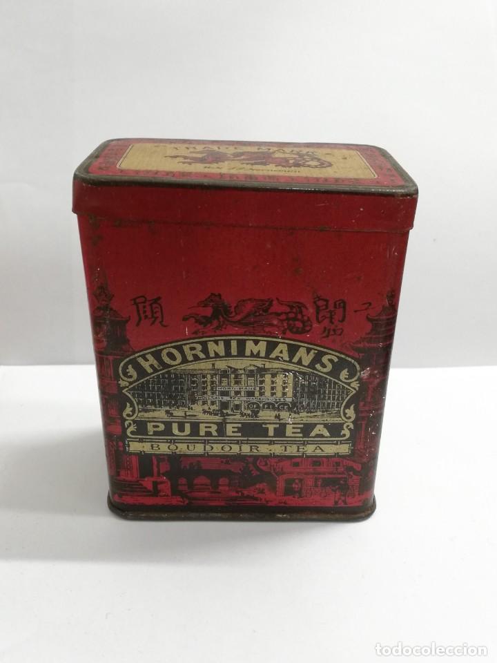 Casse e cassette metalliche: ANTIGUA CAJA DE HOJALATA LITOGRAFIADA DE PURE TEA HORNIMANS, MIDE 10 X 8 CMS.