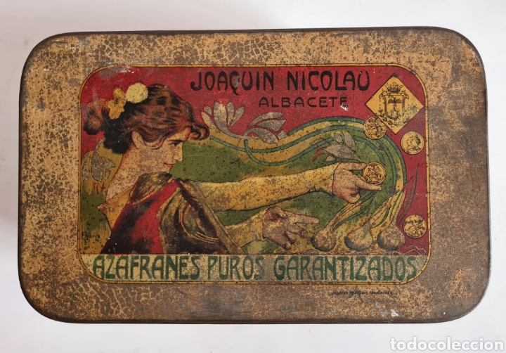 Cajas y cajitas met&aacute;licas: Antigua Caja Modernista Litograf&iacute;ada Joaqu&iacute;n Nicolau Azafr&aacute;n Albacete Artista P. Abarca - Santander