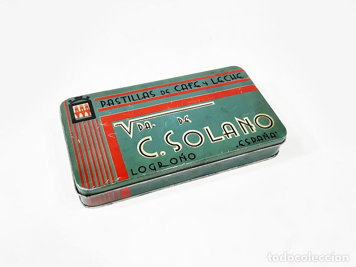 Boxes and metal boxes: ANTIGUA CAJA DE LATA DE CARAMELOS O PASTILLAS DE CAF&Eacute; DE LA VIUDA DE C. SOLANO. LOGRO&Ntilde;O
