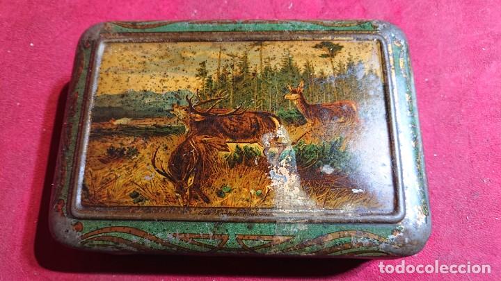 Bo&icirc;tes et petites bo&icirc;tes m&eacute;talliques: CAJA METALICA LITOGRAFIADA FRUTAS METALIZADAS REUS - G. DE ANDREIS - ESCENA CAMPESTRE DE CIERVOS -
