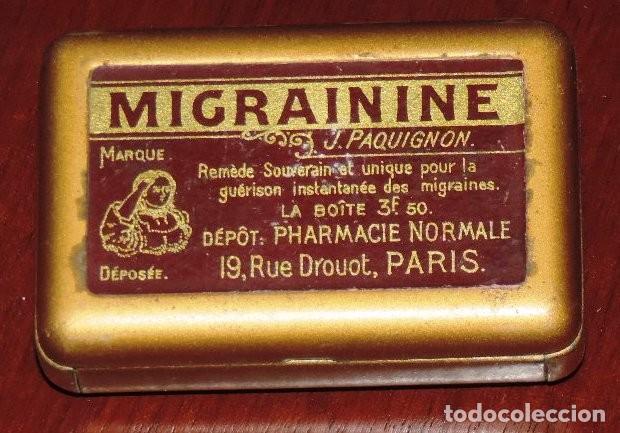 Boxes and metal boxes: ANTIGUA CAJA LITOGRAFIADA DE FARMACIA, MIGRAININE, J. PAQUIGNON, PARIS, MIDE 5,5 X 4 CMS.