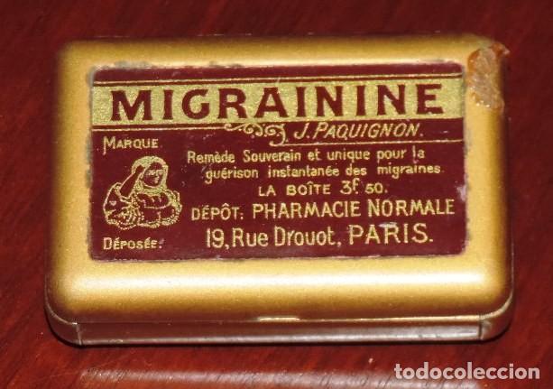 Blechdosen und Kisten: ANTIGUA CAJA LITOGRAFIADA DE FARMACIA, MIGRAININE, J. PAQUIGNON, PARIS, MIDE 5,5 X 4 CMS.