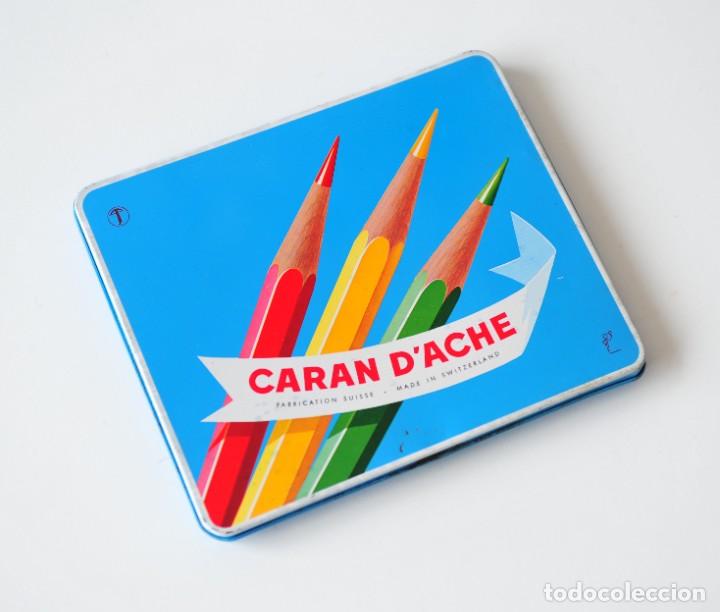 Cajas y cajitas met&aacute;licas: Caja vac&iacute;a de metal litografiado, de l&aacute;pices Caran D'Ache, Made in Switzerland Con dibujo de l&aacute;pices