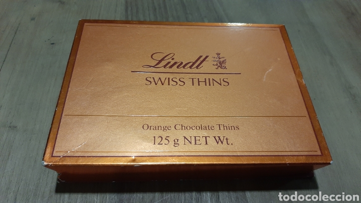 Blechdosen und Kisten: 1992 caja vacia bombones LINDT SWISS THINS 125 H ORANGE CHOCOLATE THINS