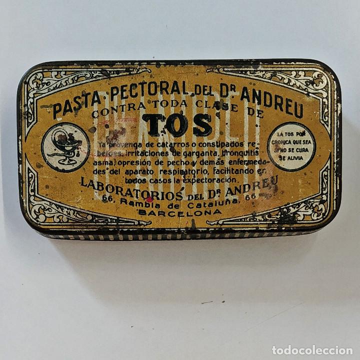 Bo&icirc;tes et petites bo&icirc;tes m&eacute;talliques: Antigua caja met&aacute;lica de pasta pectoral de &rdquo;Dr. Andreu&rdquo;, Barcelona.