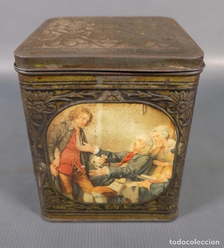 Blechdosen und Kisten: Caja vintage en hojalata Demaret litografiada con escenas costumbristas