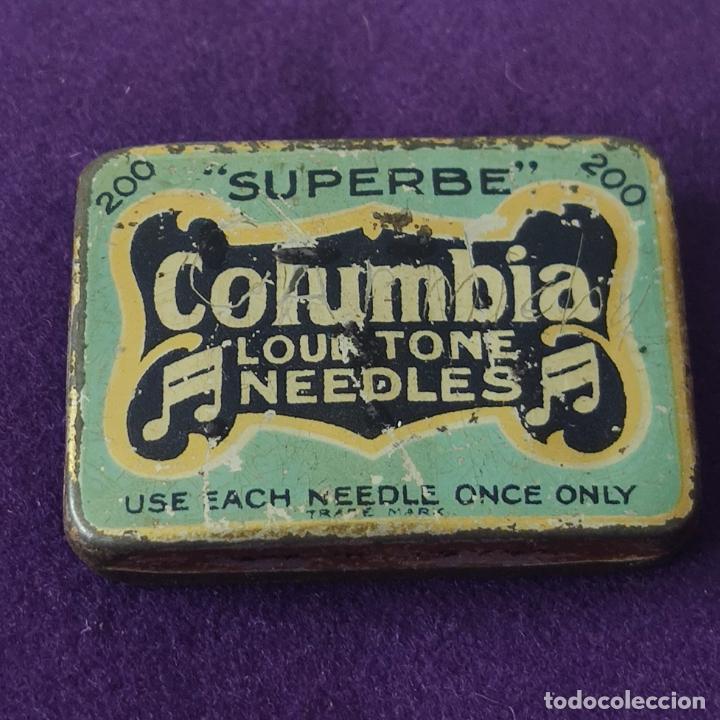 Cajas y cajitas met&aacute;licas: CAJITA AGUJAS DE GRAMOLA. GRAMOFONO, PICK-UP, NEEDLES. COLUMBIA SUPERBE. METALICA LITOGRAFIADA.