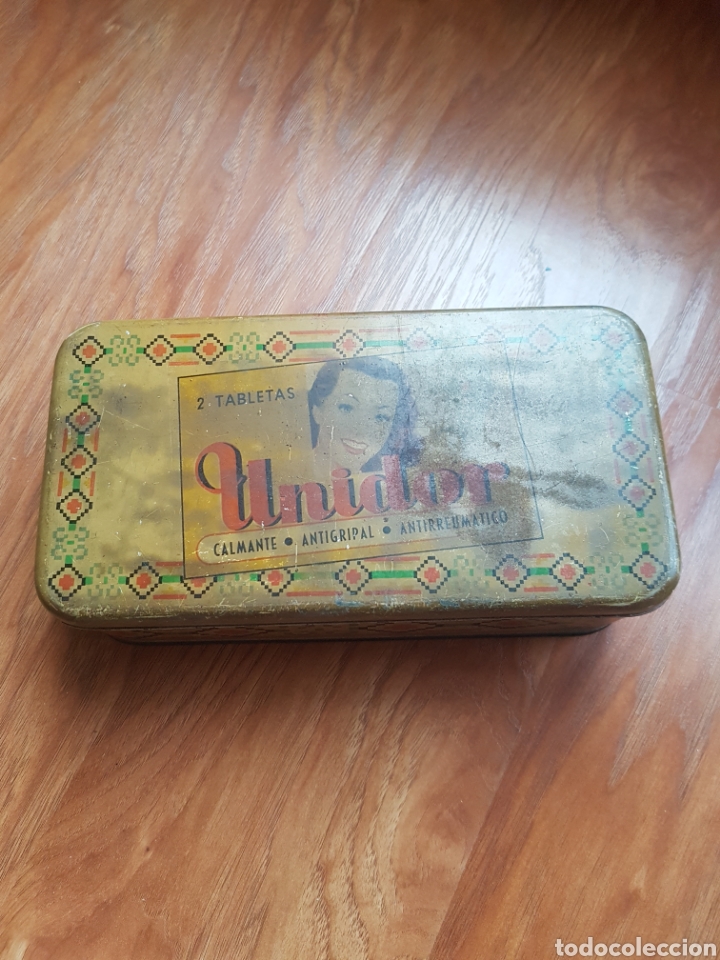 Blechdosen und Kisten: Antigua caja met&aacute;lica UNIDOR, 2 tabletas, calmante, antigripal, antirreum&aacute;tico