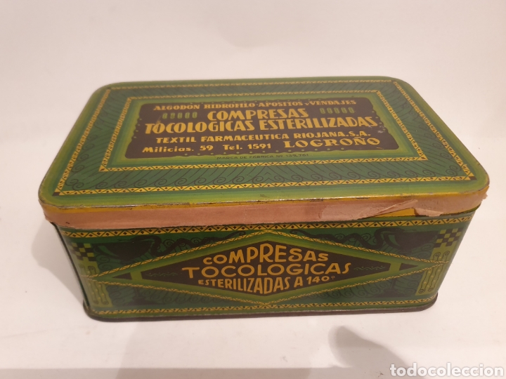 Bo&icirc;tes et petites bo&icirc;tes m&eacute;talliques: ANTIGUA CAJA METALICA. TEXTIL FARMACEUTICA RIOJANA. LOGRO&Ntilde;O. A&Ntilde;OS 30. COMPRESAS TOCOLOGICAS ESTERILI