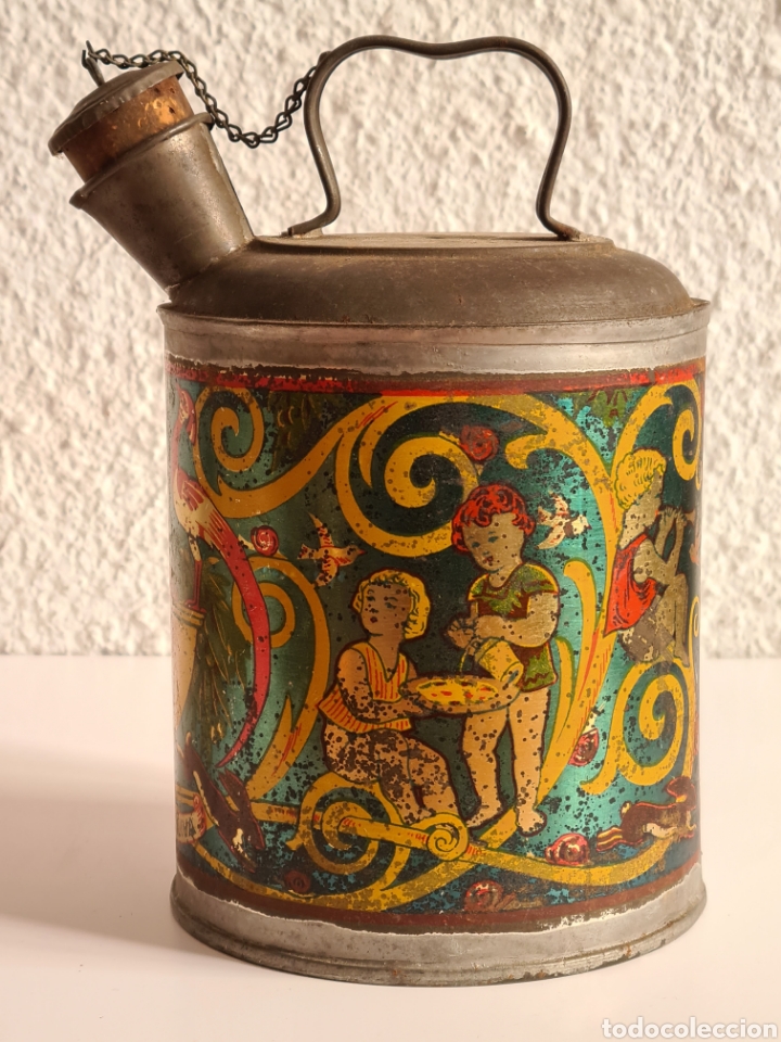 Cajas y cajitas met&aacute;licas: Antigua Aceitera Lata Litograf&iacute;ada Envase 1 L. Aceite Puro Oliva - Decoraci&oacute;n Ni&ntilde;os P&aacute;jaros Liebre