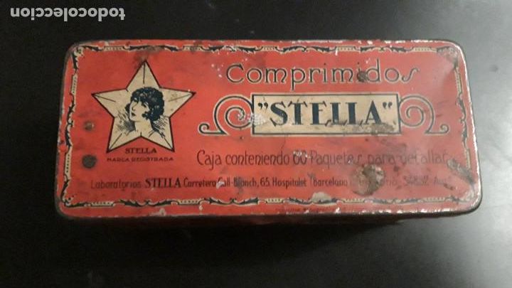 Cajas y cajitas met&aacute;licas: CAJA METALICA** COMPRIMIDOS STELLA **. LITINES PARA AGUA DE MESA . HOSPITALET M. 6,5 x 6,5 x 14,5 .