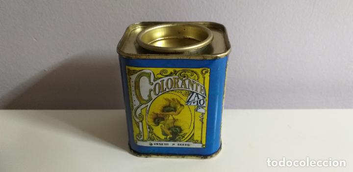 Cajas y cajitas met&aacute;licas: Antiguo bote de especias. Colorante. ZAMORA. Litografiado. De Hojalata. VAC&Iacute;O.