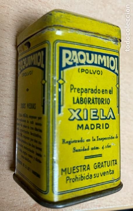 Blechdosen und Kisten: ANTIGUA CAJA DE HOJALATA LIOGRAFIADA CON PUBLICIDAD DE FARMACIA, RAQUIMIOL, INSUFICIENCIA CALC&Aacute;REA,