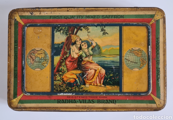 Cajas y cajitas met&aacute;licas: Antigua Caja Lata Radha-Vilas Brand Azafr&aacute;n D. Valero Novelda - Cirages Fran&ccedil;ais Santander