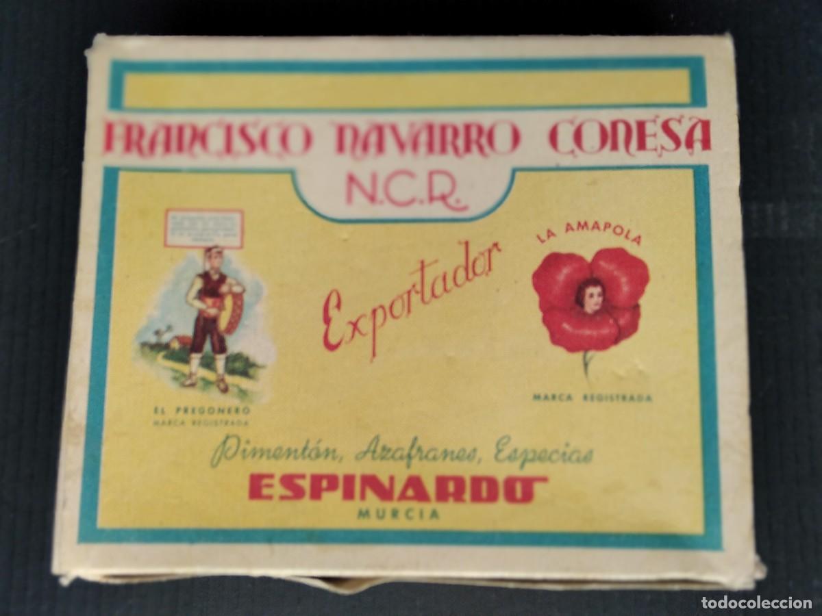 Cajas y cajitas met&aacute;licas: CAJA COMPLETA DE 100 CARTERITAS DE CONDIMIENTO,EL PREGONERO,DE F.NAVARRO CONESA,ESPINARDO,MURCIA.