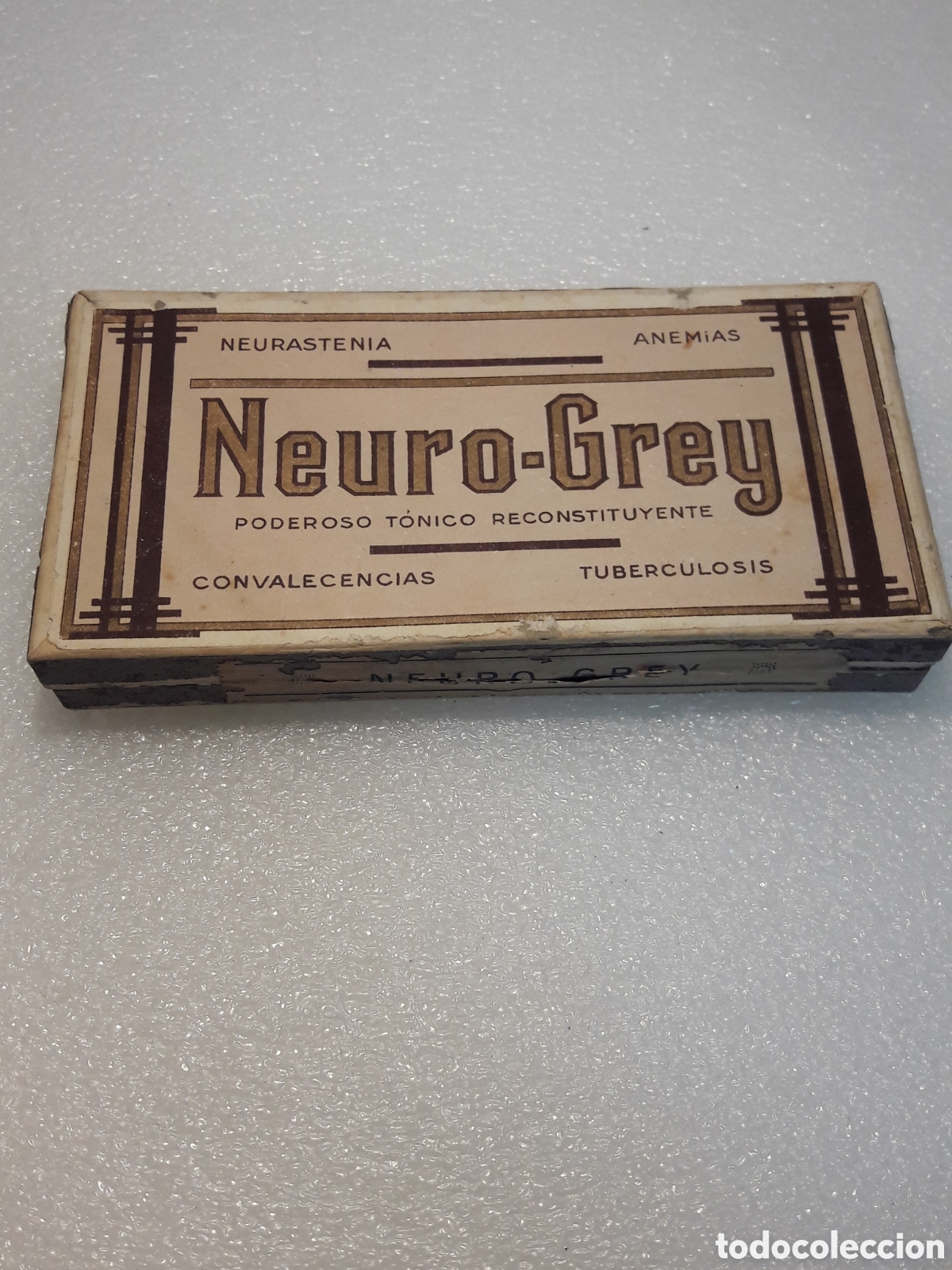 Bo&icirc;tes et petites bo&icirc;tes m&eacute;talliques: ANTIGUA CAJA CARTON MEDICAMENTO FARMACIA NEURO GREY LABORATORIOS GREY MALAGA, MED. 2X8X15,5 CM